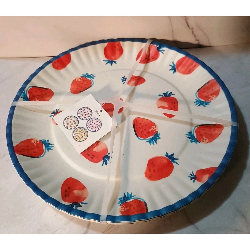 4 Melamine Dinner Plates 10.5" Fruit Patterns Strawberry Cherry Pineapple Peach